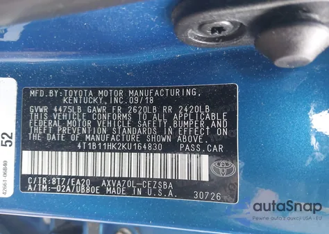 2019 Toyota Camry Se из США, поврежденный, VIN 4T1B11HK2KU164830